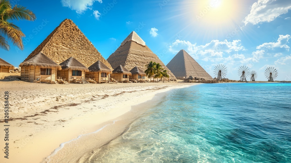 Poster tranquil beach scene with pyramids and tropical vibes in background