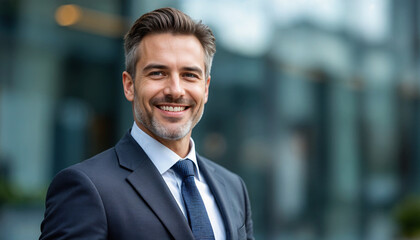 Fototapeta premium A confident entrepreneur stands in front of a modern glass office building