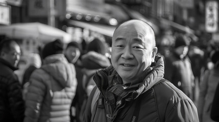 An Asian man smiling in a crowd 