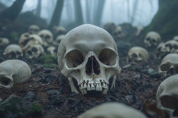 A group of skulls sit atop trees in a dense forest, with leaves and branches surrounding them