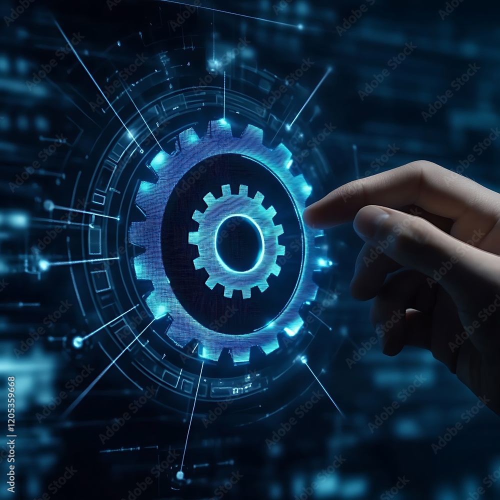 Aufkleber Digital Technology Hand Interacting with Gear Icon System Management Software Development Process