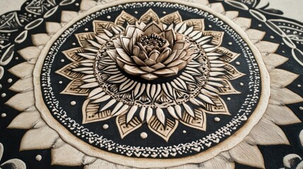 Intricate mandala art with a 3D flower center on a dark and light background