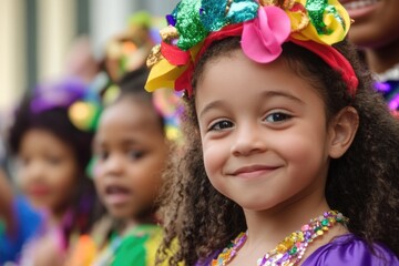 A young girl with a bright and cheerful headband smiling directly at the camera