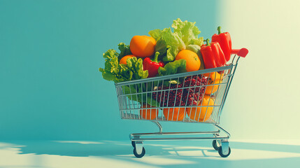 Fresh fruits and vegetables in shopping cart against colorful backdrop