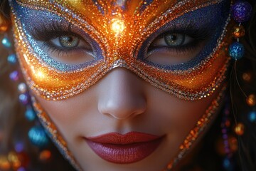 A close-up view of a woman's face, wearing a colorful and intricate carnival mask