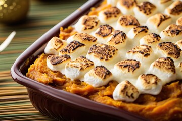 A colorful casserole dish topped with toasted marshmallows