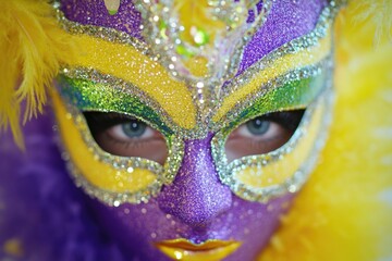 A person wearing a colorful carnival mask, ideal for parties or celebrations