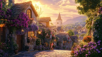 Naklejka premium A Flower Adorned Village Street At Sunset
