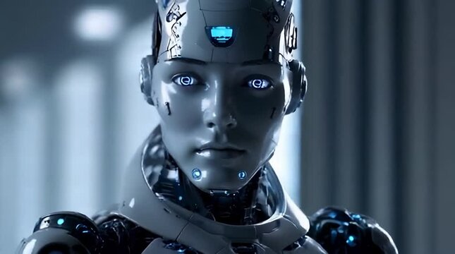 The humanoid robot raises its hand, spreads its fingers, and moves it