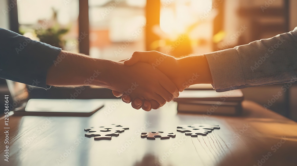 Poster a dynamic scene of two individuals sitting at a negotiation table, with visual metaphors like puzzle