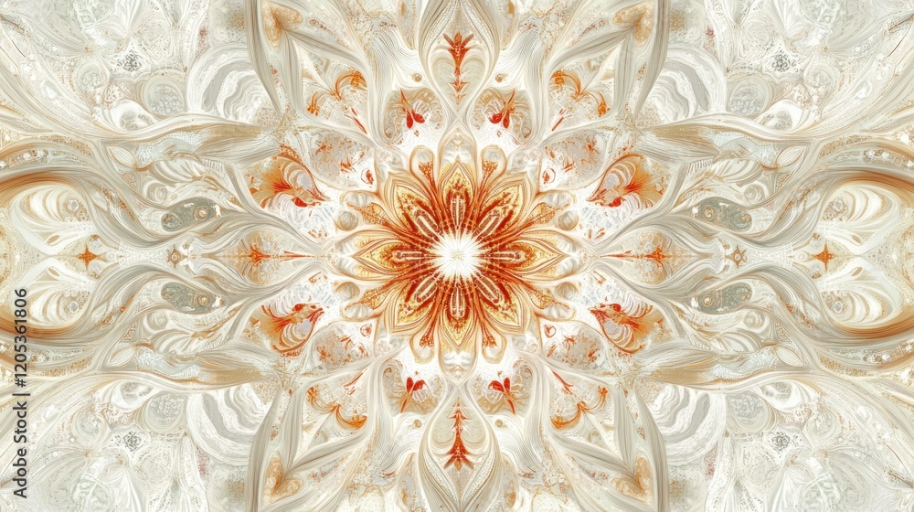 Poster symmetrical fractal pattern with intricate golden and white floral designs creates a captivating vis