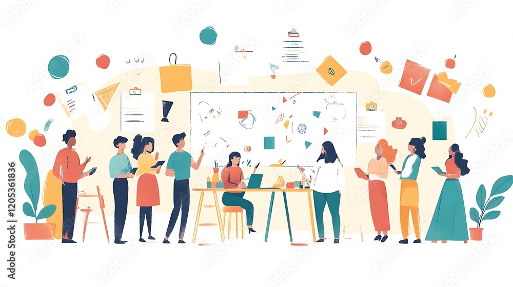 Poster an interactive setting where diverse individuals are collaborating on a project, showcasing effectiv