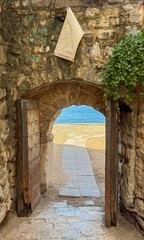 Fototapeta premium an ancient stone arch with a path to the sea. High quality photos