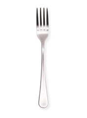 Top view of a metal fork isolated on a cutout PNG transparent background