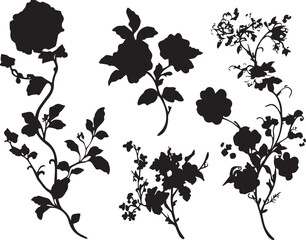 A set of flowers silhouettes for flat design. Hand drawn vector illustration