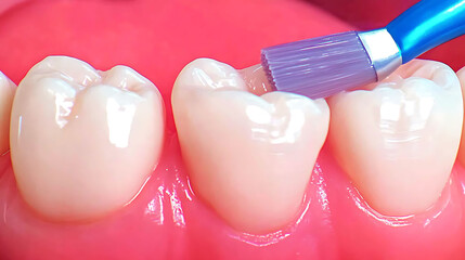Closeup shot of a dentist applying sealant to teeth.  Highquality image ideal for dental websites, brochures, and educational materials.  Illustrates preventative dental care and healthy teeth.