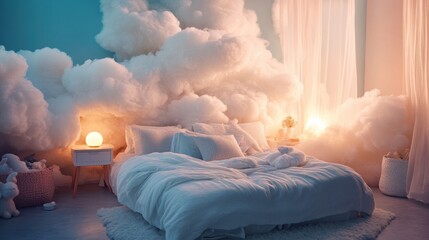 Cloud-themed bedroom decor with fluffy white cloud wallpaper, soft lighting, and cozy textiles, creating a dreamy and calming atmosphere