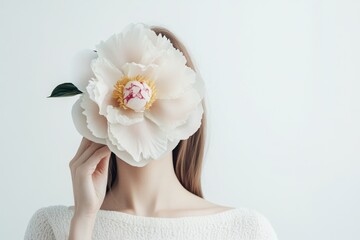 A woman covering her face with a flower, possibly for modesty or to conceal her identity