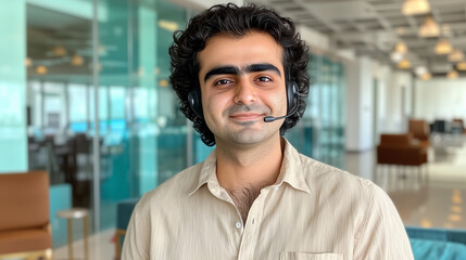 Fototapeta premium A male customer support agent with a headset, confidently assisting clients in a modern, well-lit office. Ideal for themes of professionalism, service dedication, and teamwork.