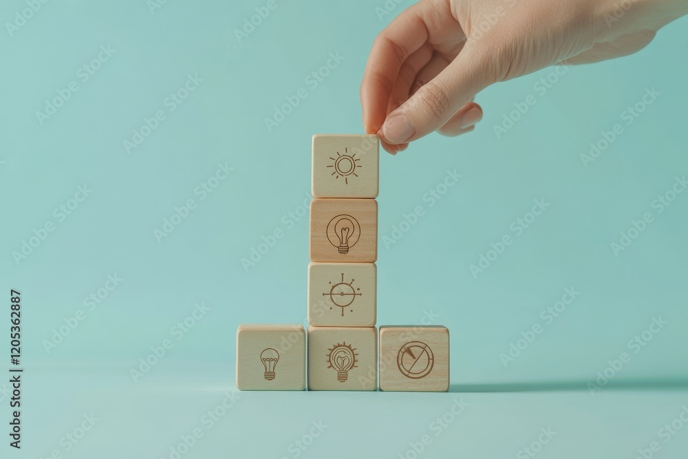Poster conceptual arrangement of wooden blocks symbolizing strategy and success on a soft background