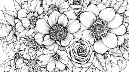 Fototapeta premium Detailed line art drawing of various flowers in full bloom forming a seamless floral pattern