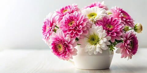 Macro shot: Delicate pink and white blooms in a white vase, isolated on white, showcasing exquisite floral detail.
