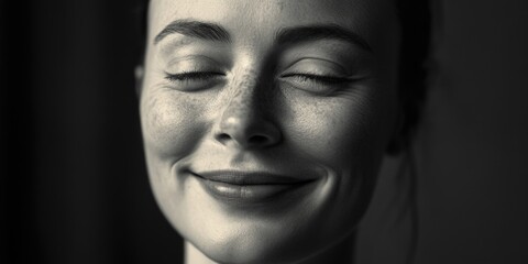 A black and white photo of a woman relaxing with her eyes closed
