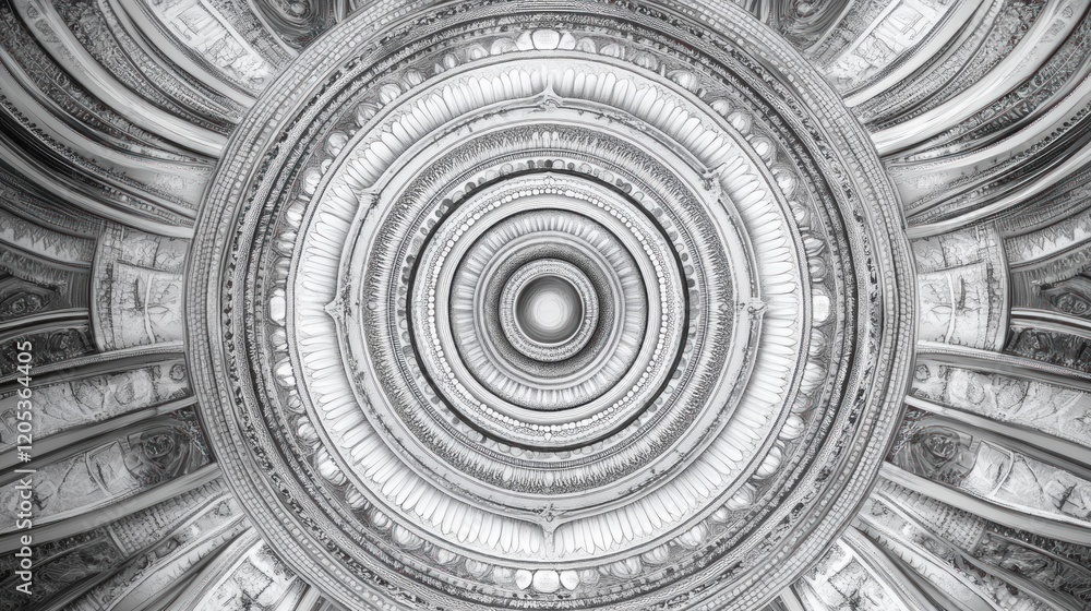 Poster intricate circular architectural pattern with concentric rings and detailed textures in grayscale
