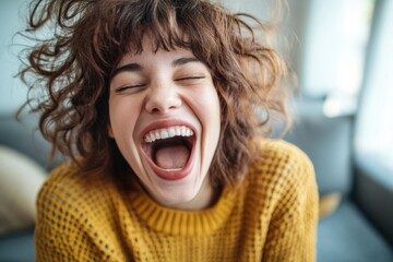 A woman laughs with her mouth wide open, expressing joy and happiness