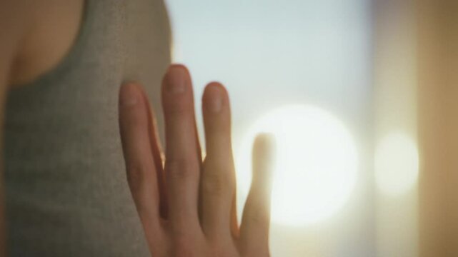 Young girl meditating doing practice holds hands in prayer position. Doing meditation and yoga practice. Knowing yourself as a person calming and balance
