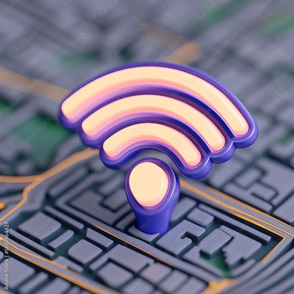 Poster 3d wireless signal icon on a city map background representing connectivity and technology.