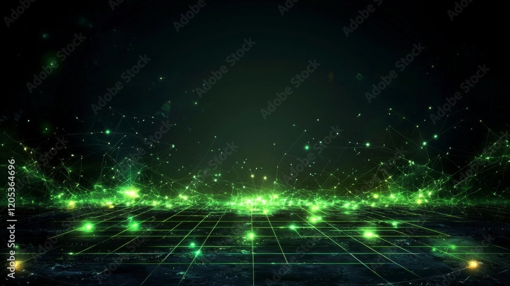 Poster Illuminated bright green grid pattern displaying digital artwork in a dark environment artistic concept visualization