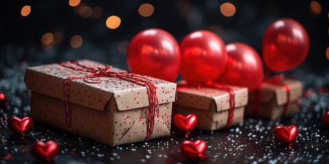 A bunch of red balloons sitting on top of a gift box, often used for birthday or celebration decorations