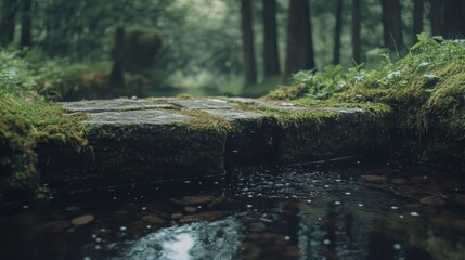 Fototapeta premium Mossy Stones Bridge Over Forest Stream
