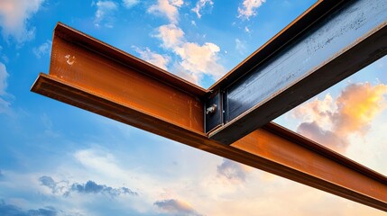 Steel beams intersecting against a vibrant sky, showcasing construction materials and industrial design.