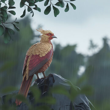Majestic real phoenix bird, radiant plumage glistening with dew, soaring on a stone misty mountain landscape at sunrise.