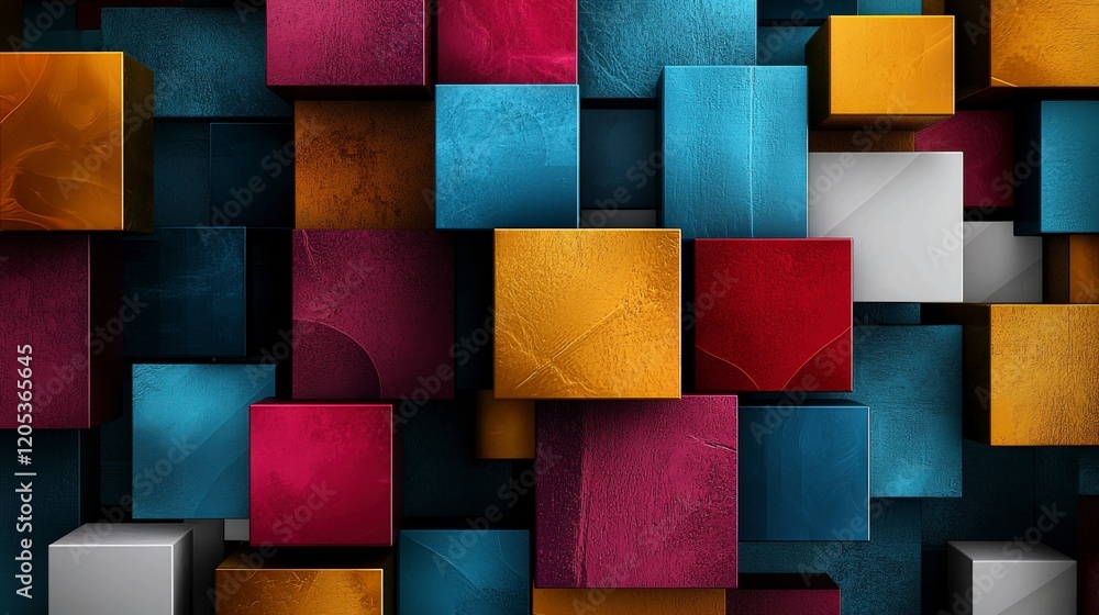Poster Colorful stacked blocks in bold primary colors create dynamic visual art abstract design bright environment top view