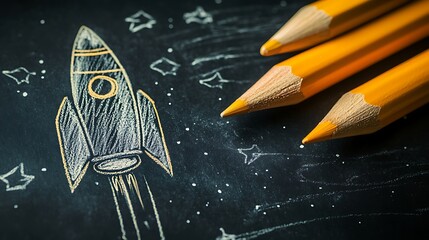 A chalkboard background with pencil and crayon a rocket
