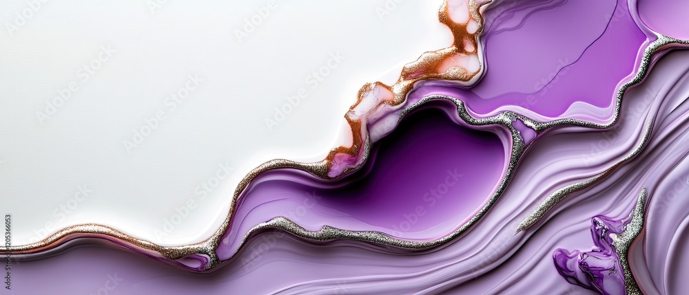 Poster abstract fluid art with flowing purple and white colors creating elegant waves and textures.