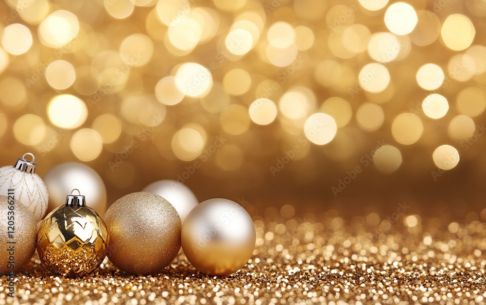 Poster shiny gold ornaments on a sparkling background create a festive atmosphere.