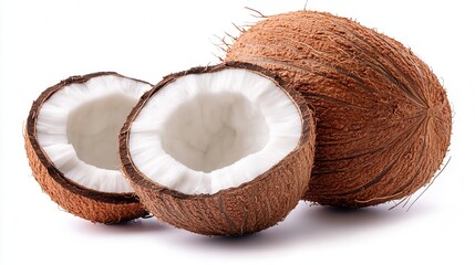 Two halves of a coconut are displayed side by side, showcasing their textured brown shells and white inner flesh, highlighting tropical appeal.