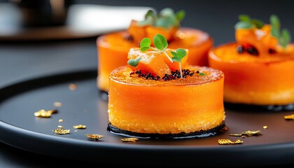 Delicious orange dessert garnished with herbs, served on a black plate, showcasing elegance and fine dining.