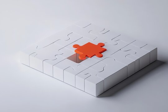 Minimalistic puzzle composition with missing piece centered and an elevated orange puzzle piece