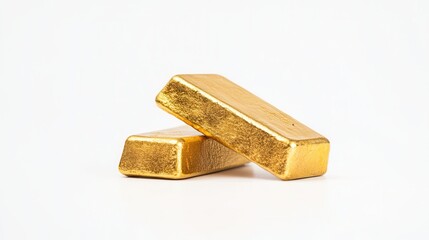 Two gleaming gold bars rest side by side on a pristine white surface, showcasing their luxurious appeal and reflective surfaces.
