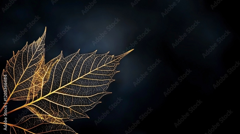 Poster delicate leaf structure with golden veins nature abstract close-up dark background botanical photogr