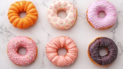 A colorful assortment of six decorative donuts arranged on a marble surface, featuring various toppings and flavors.