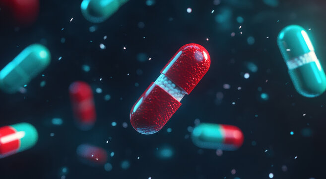 Red and blue capsule pills appear to be flying through a dark backdrop, surrounded by tiny sparkling particles. This visually dynamic moment highlights the contrasting colors and shapes of the pills.