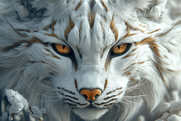 Obraz premium close-up shows the head and face of a snow-white animal, reminiscent of a wild cat, with golden eyes. 