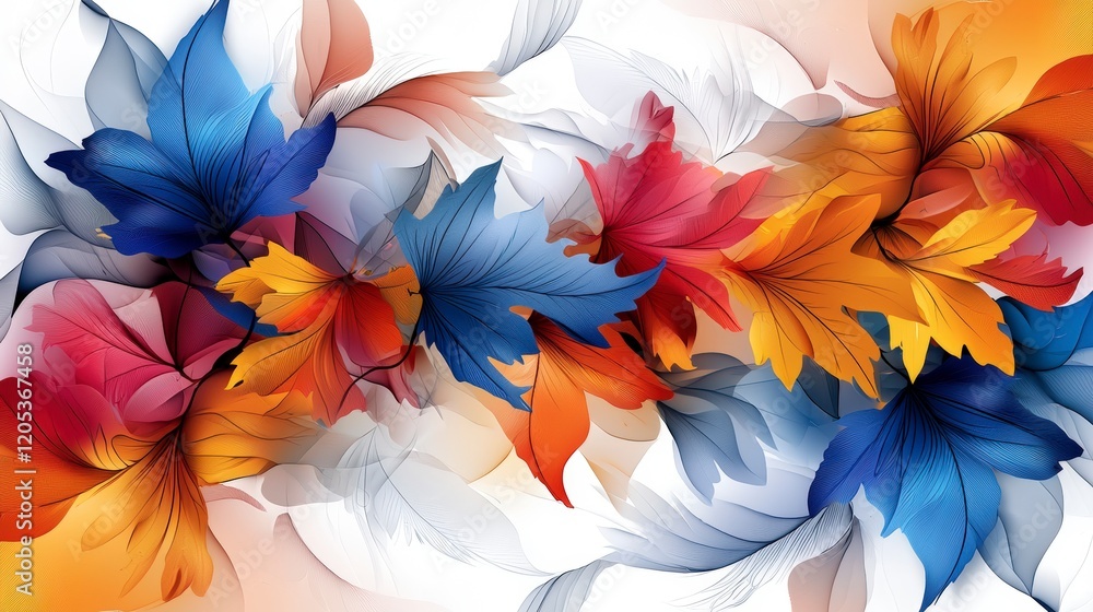 Poster Vibrant colorful leaf patterns nature abstract digital art bright background close-up view floral design concepts