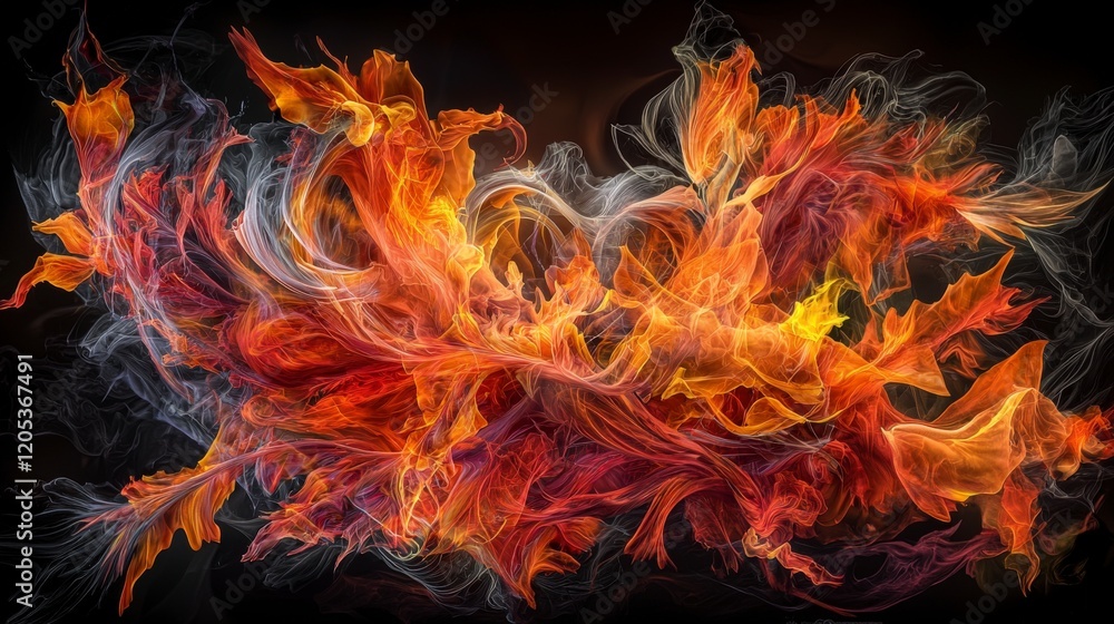 Poster flames flickering and dancing in the wind captured in a dramatic art installation studio environment